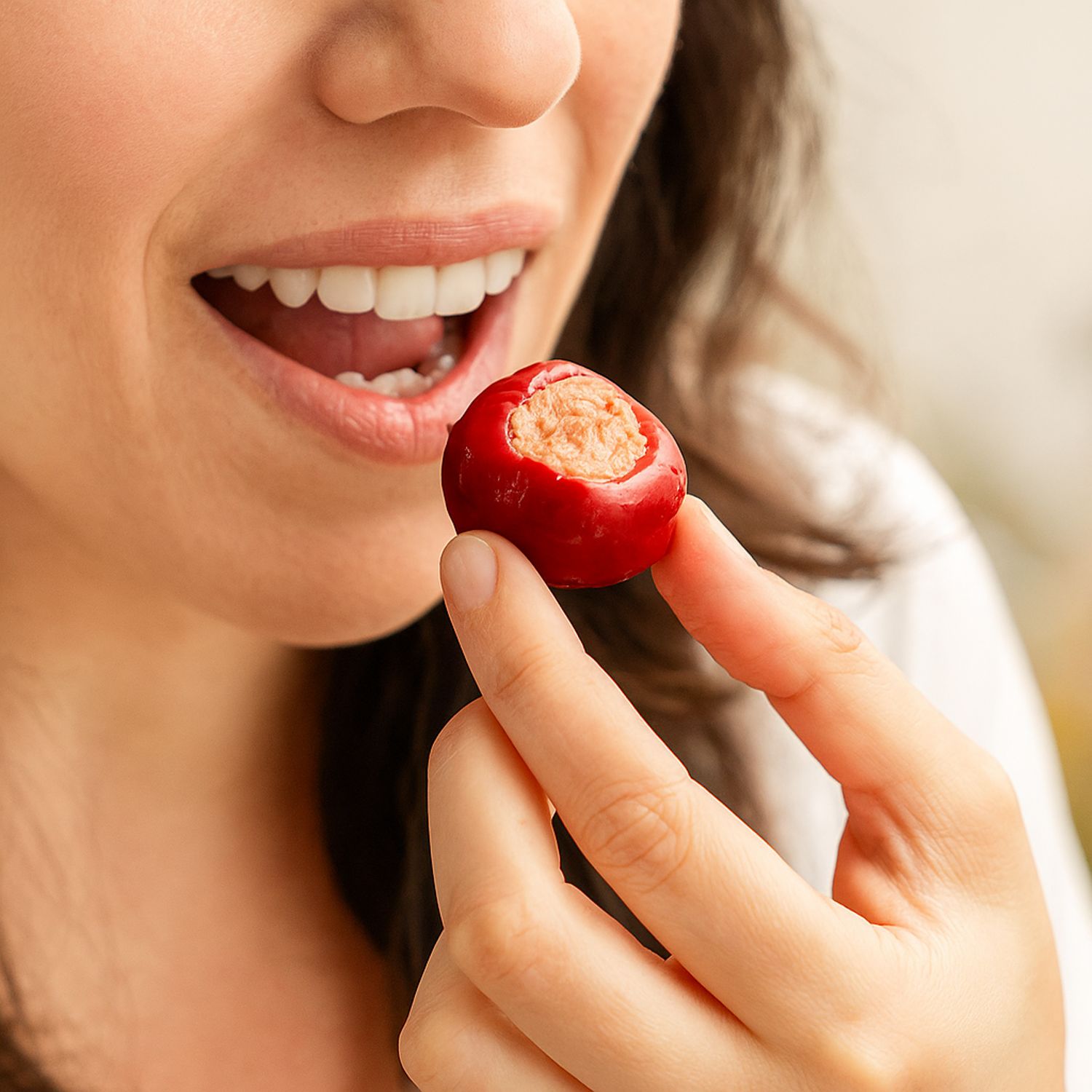 mujer comiendo pimiento con atún