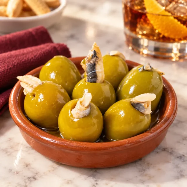 Aceitunas rellenas de anchoa servidas en cazuela de barro
