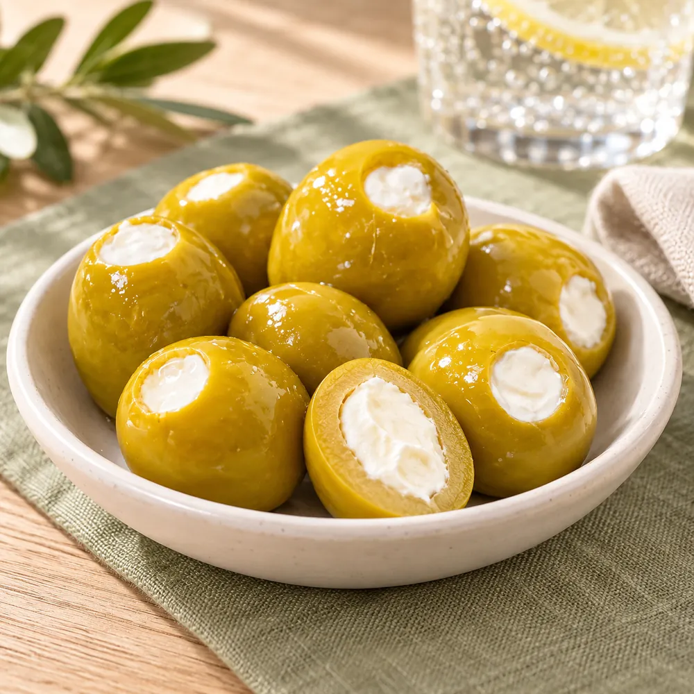 Aceitunas gordal servidas en un cuenco sobre la mesa